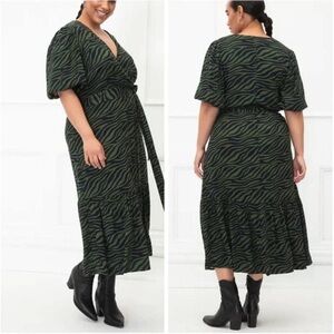 ELOQUII Zebra Print Green & Navy‎ Midi Wrap Dress with Puff Sleeves Plus Size 20
